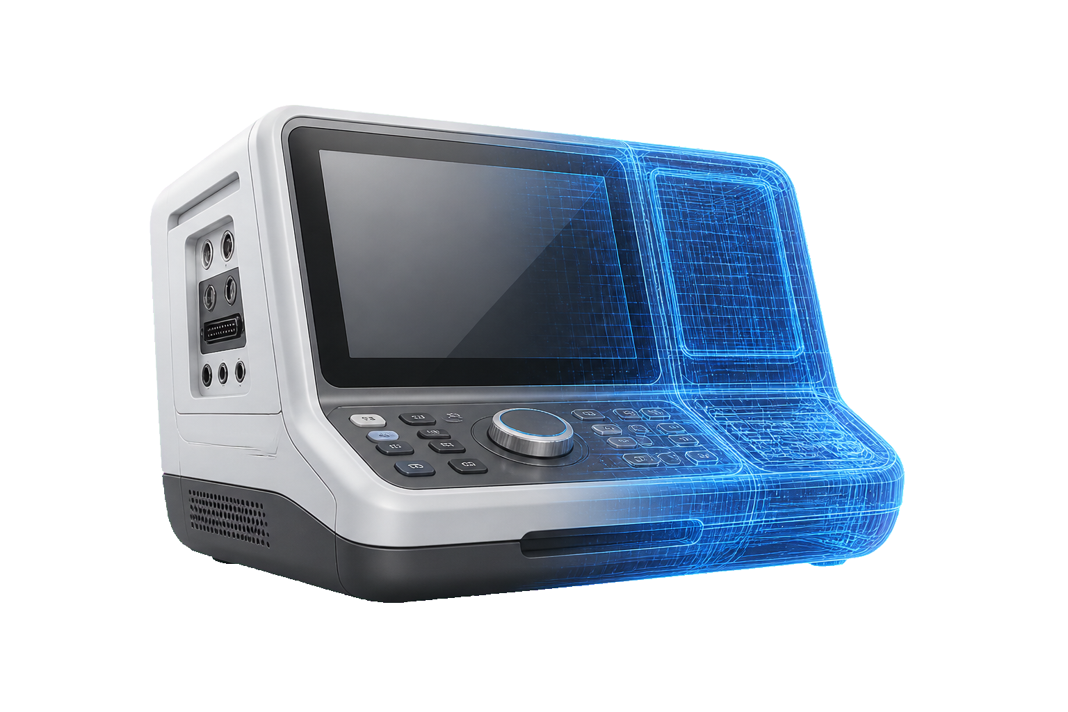 A medical device shown half as a photograph and half as a technical wireframe
