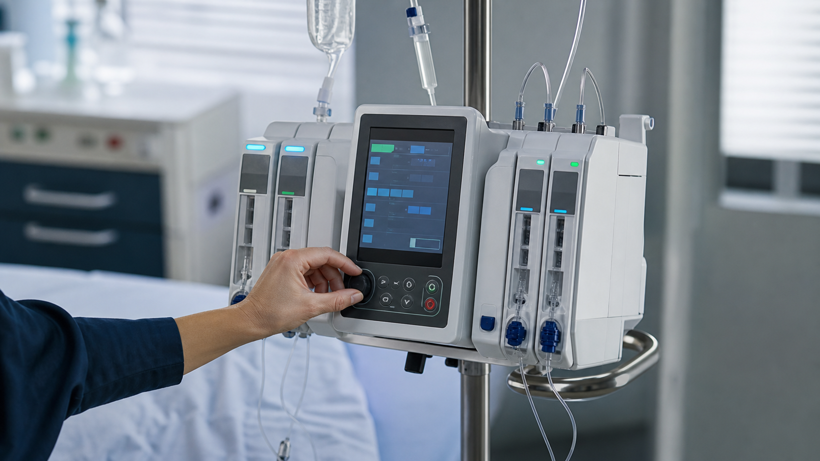 Video still: a clinician operating a medical device at the bedside