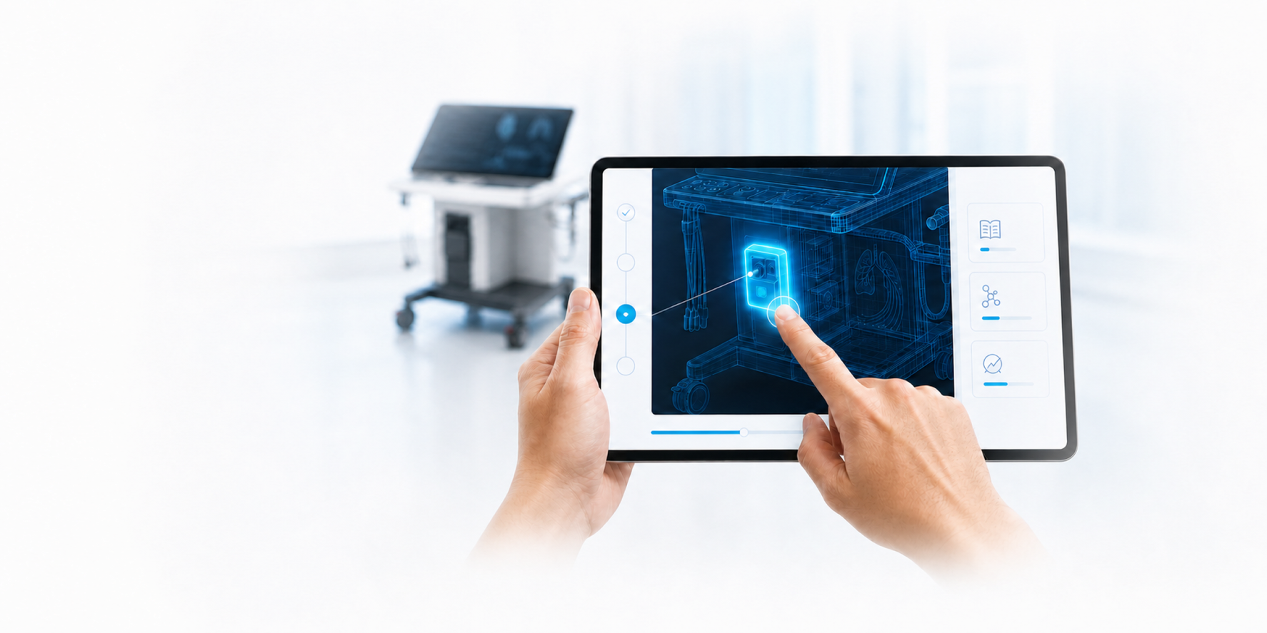 Hands holding a tablet that shows interactive learning about a medical device